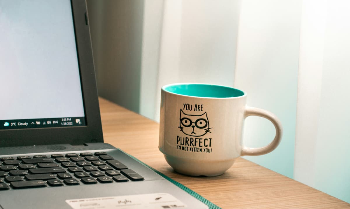 Laptop mit katzenteetasse